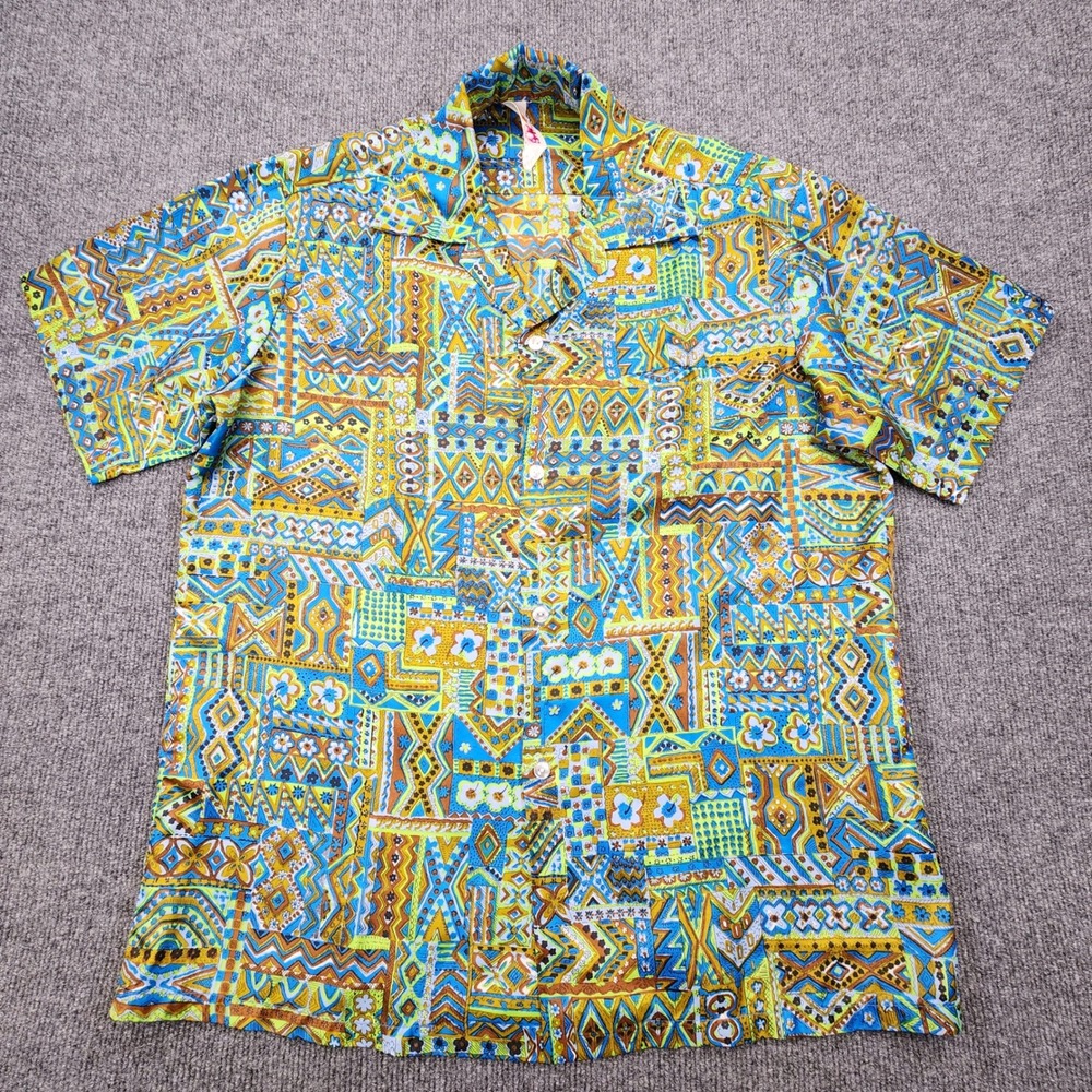 Vintage 60s Sears Hawaiian Camp Shirt Mens Large Psychedelic Patchwork Thin READ - Picture 2 of 7